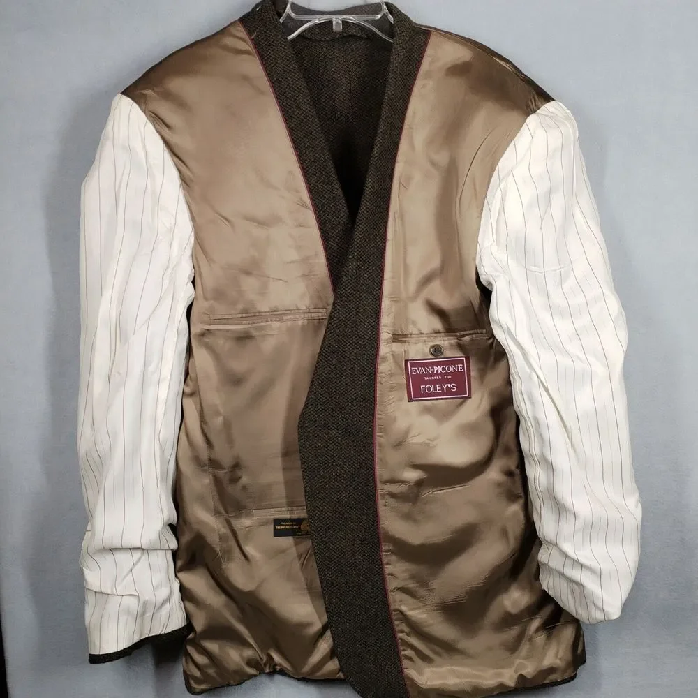 Mens Wool Tweed Jacket Suede Elbow Patch 2 Button Blazer 43L Vintage Evan-Picone